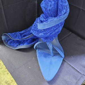 Blue Lace Toe Thong Thigh High Heeled Sandals